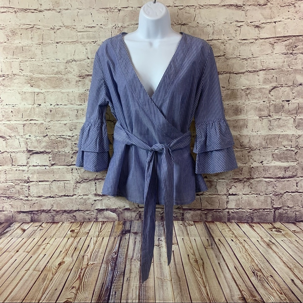 Beach Lunch Lounge Blue Striped Wrap Bell Sleeve Top